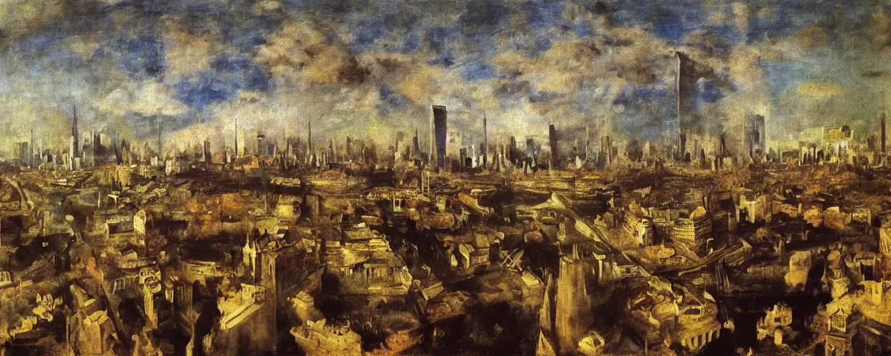 Prompt: A painting of the city of the future with an all-seeing human eye in the sky by Max Lieberman, Edgar Degas and Francisco Goya, highly detailed, Neoclassicism, Baroque, Classicism