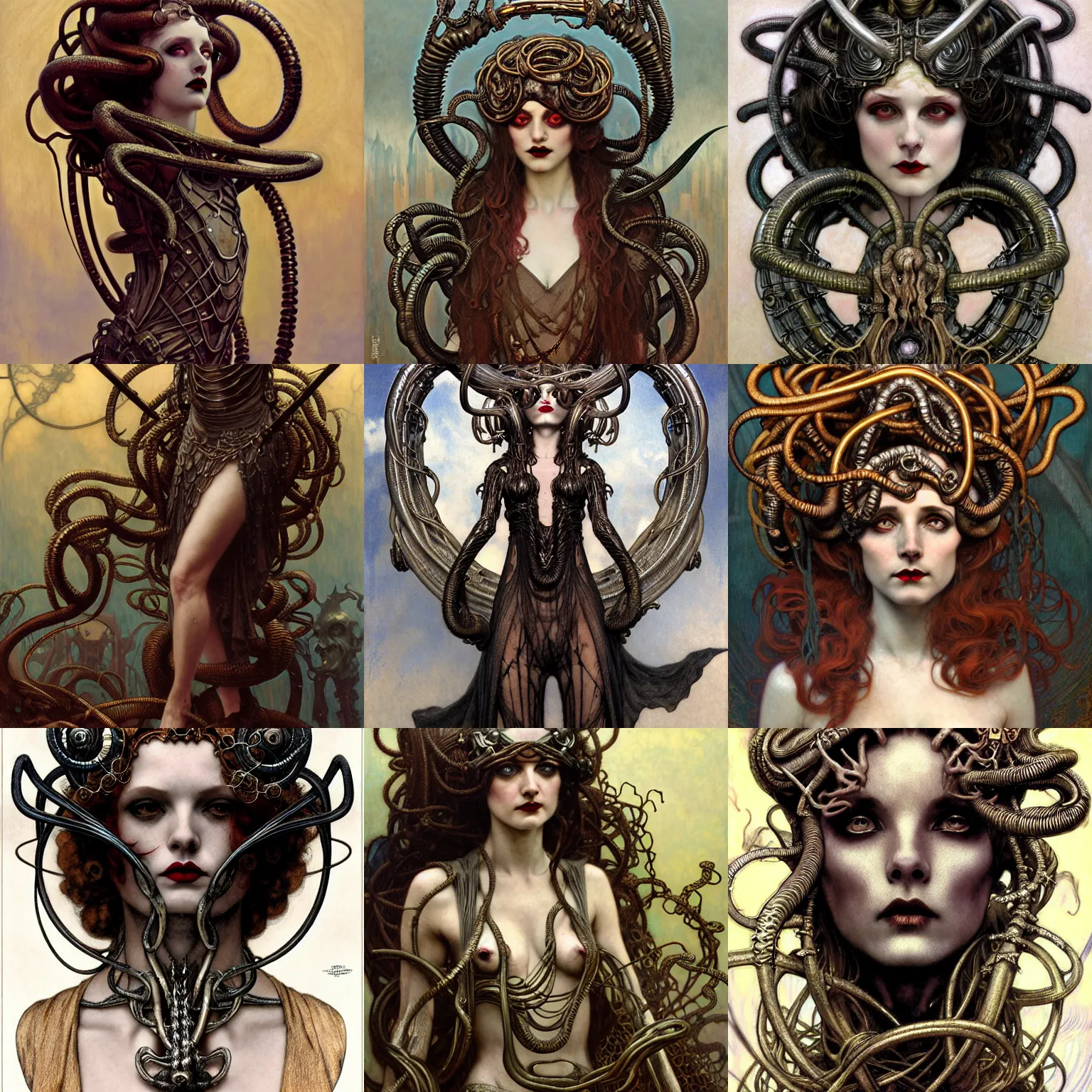 Prompt: metalhead medusa, 1 9 2 0 s fashion, fantasy, highly detailed, smooth, sharp focus, artstation, digital paining, concept art, illustration, art by artem demura, donato giancola, charlie bowater, greg rutkowski, cedric peyravernay, alphonse mucha, gaston bussiere, h r giger