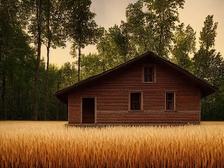 Image similar to hyperrealism design by cornelia konrads photography of beautiful detailed small house around the forest in small ukrainian village by taras shevchenko and wes anderson and caravaggio, wheat field behind the house, volumetric natural light