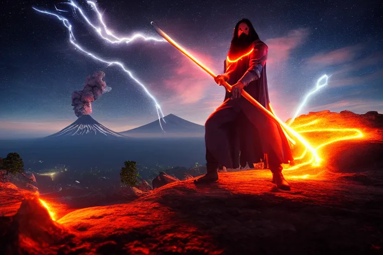 Image similar to levitating wizard wielding a sword, opening a shining portal, night sky, horizon of an erupting volcano, 4 k, ultra realistic, detailed, epic lighting, high detail, masterpiece, trending on artstation