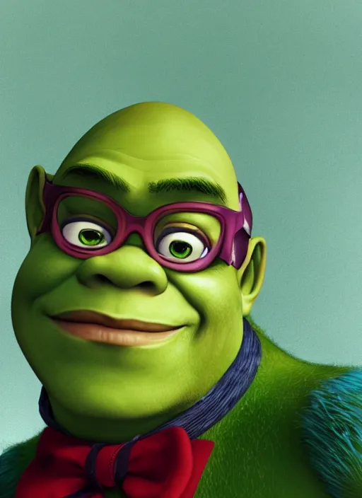 Image similar to portrait of shrek, digital painting masterpiece, advanced lighting technology, stylized yet realistic anatomy and face, gorgeous, by reiq and bengus and akiman and shigenori soejima and bastien vives and balak and michael sanlaville and jamie hewlett, 4 k wallpaper, cinematic, gorgeous brush strokes