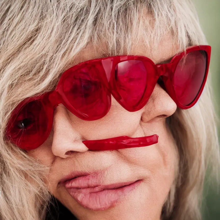Prompt: a woman, 5 0 years old, wearing red sunglasses