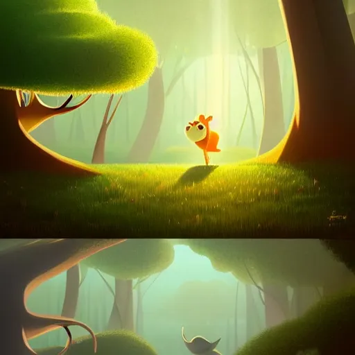 Image similar to goro fujita ilustration a beautiful forest with tall and short trees, with lots of vegetation, reflected in a lake, the rays of light go through the forest,, round characters with two eyes, painting by goro fujita, sharp focus, highly detailed, artstation