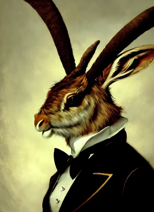 Prompt: a beautiful closeup shot from a fantasy film of a humanoid jackalope wearing a tuxedo. an anthropomorphic jackalope. portrait. joseph ducreux, greg rutkowski.