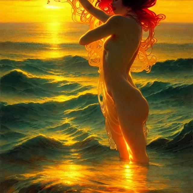 Image similar to ocean waves of glossy liquid honey drops flowing like translucent amber, lsd waves, lsd ripples, backlit, sunset, refracted lighting, art by collier, albert aublet, krenz cushart, artem demura, alphonse mucha