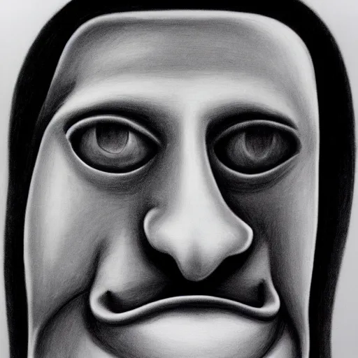 Prompt: a black and white photo of a man with a strange face. precisionism, charcoal drawing, surrealist, genderless