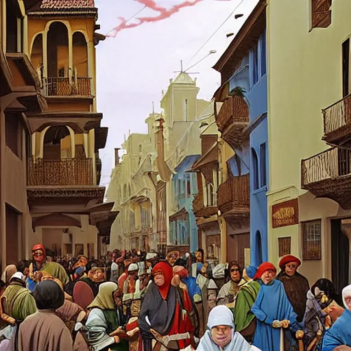 Prompt: people in the streets of Tordejas, the port capital of the Kingdom of Fuenia, in the year 1165. matte painting by James Gurney. gouache art by Angus McBride.