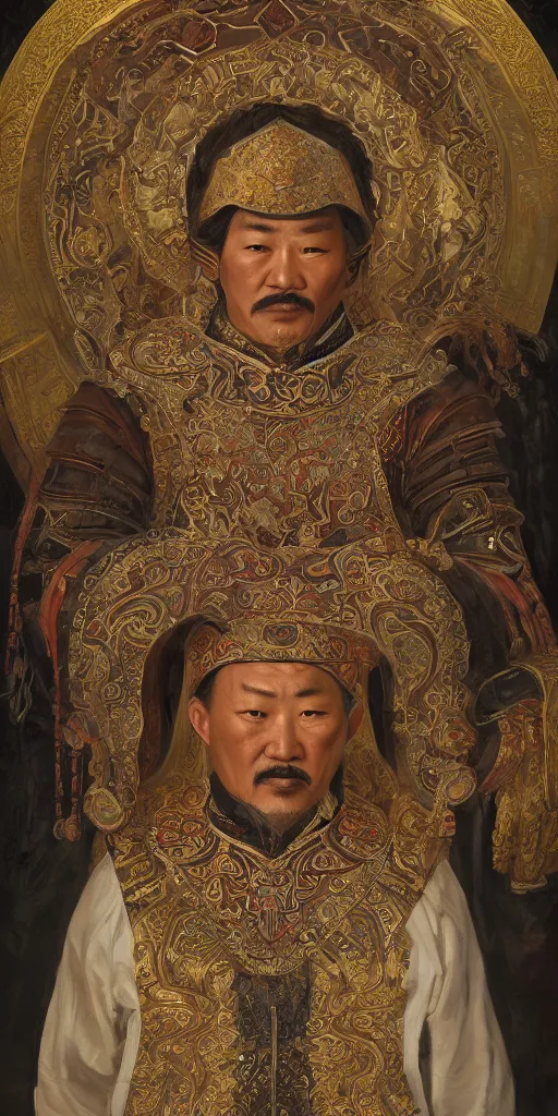 Image similar to a stunning and noble highly detailed romantic period style portrait of Genghis Khan by Josep Tapiró Baró, trending on artstation, oil painting masterpiece, symmetry, fractals, Mongolian iconography