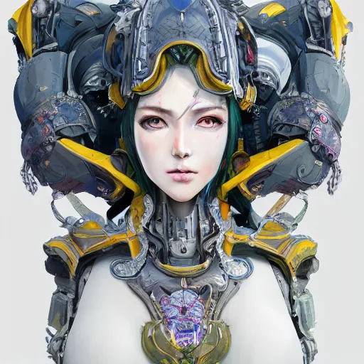 Image similar to studio portrait of lawful good colorful female holy mecha paladin absurdly beautiful, elegant, young sensual graceful woman, ultrafine hyperrealistic detailed face illustration by kim jung gi, irakli nadar, intricate linework, sharp focus, bright colors, matte, octopath traveler, final fantasy, unreal engine highly rendered, global illumination, radiant light, intricate environment