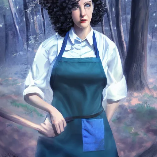 Image similar to a portrait of a 1 9 6 0 s woman with curly black hair and blue eyes, and an apron in the forest, dynamic lighting, fantasy concept art, trending on art station, stunning visuals, cinematic, ultra detailed