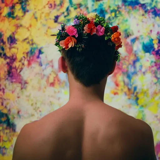 Image similar to kodak portra 4 0 0 photograph of a skinny blonde guy standing in cluttered art studio, back view, flower crown, moody lighting, moody vibe, telephoto, 9 0 s vibe, blurry background, vaporwave colors, faded!,