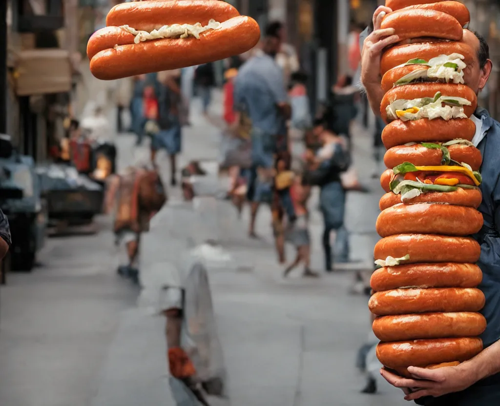 Image similar to closeup portrait of a man carrying a giant hotdog, smoky new york back street, by Annie Leibovitz and Steve McCurry, natural light, detailed face, CANON Eos C300, ƒ1.8, 35mm, 8K, medium-format print