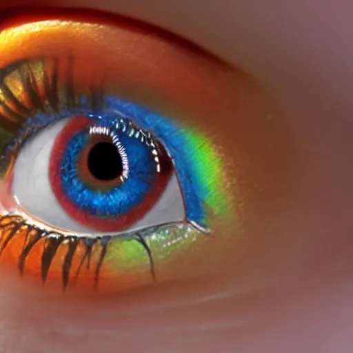 Prompt: (((((((( film still of a human eye in rainbow rue : realistic skin, realistic eye lashes : 8K UHD !!!!!!