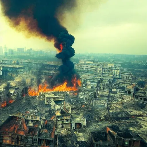 Image similar to the city is burning and fire is everywhere, palaces are collapsing just a man was standing alone crying while world is getting destroyed detailed picture