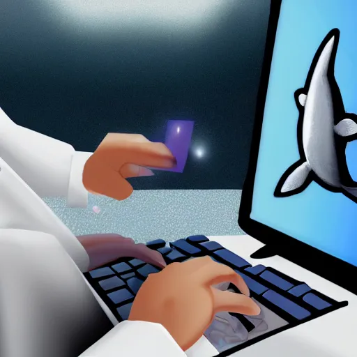 Image similar to An anthropomorphic grey dolphin wearing a white lab-coat and playing games on a computer, digital painting, close-up