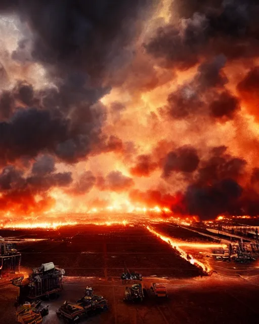 Image similar to oil fields on fire, hyper realism, cinematic, volumetric lighting, dramatic ambient lighting, epic composition, high detail, octane render, unreal engine, 8 k, professional photo, photorealistic, intricate complexity, extremely detailed,