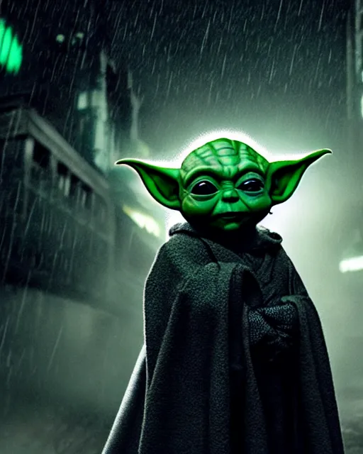 Image similar to epic closeup cinematic still of masked baby yoda as batman wearing batman costume with batcape as batman in atmospheric rainy alleyway in the style of batman begins, 8 k backlit, rim lighting, dramatic moonlight lighting, beautiful composition aesthetic