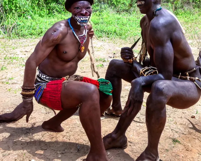 Image similar to zulu tribal warrior made out of teeth with a friendly american tourist. the tourist is in a cage.