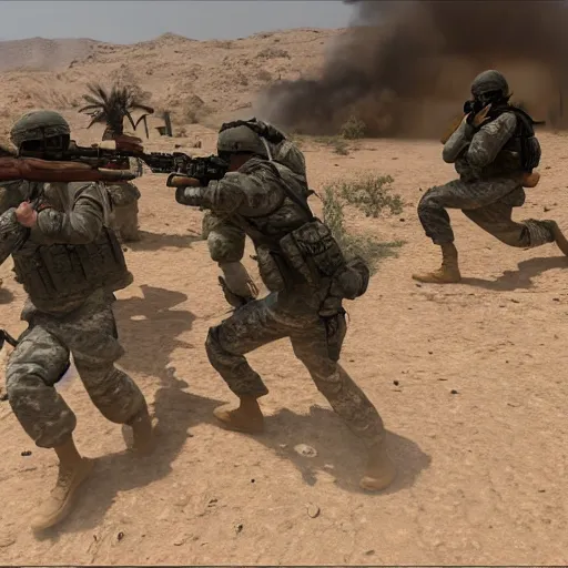 Image similar to Photo of a US Army platoon fighting terrorists on the Dust 2 real-life map, very high quality, hyper realistic 4k