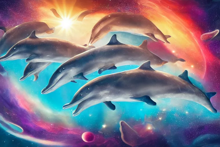 Image similar to a group of cosmic dolphins swimming and jumping out of a ocean of the cosmos, epic composition, 4 k