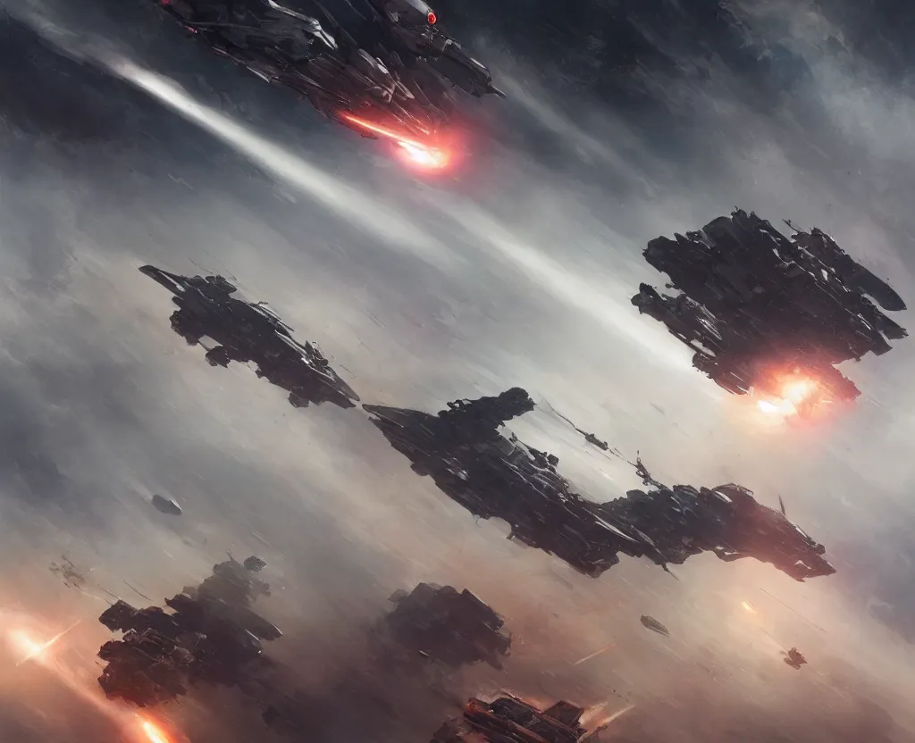 Image similar to sci - fi spaceship in combat, in planet atmosphere and dense fog, explosions, highly detailed, trending on artstation, denis villeneuve