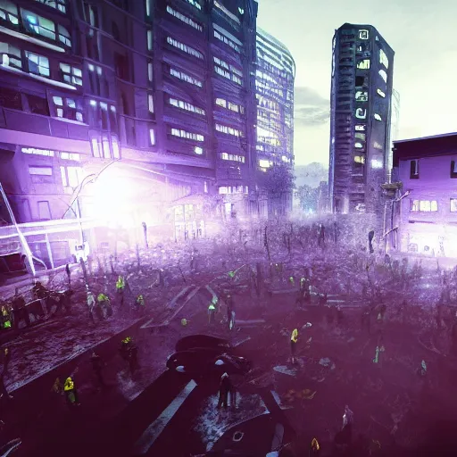 Image similar to moshpit in the city streets, realistic, huge moshpit, realism, hdd, hdr, rtx on, dynamic lighting, chaos in the moshpit,