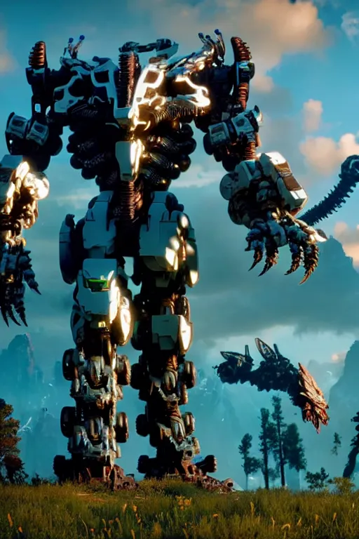 Image similar to a cinematic still from horizon zero dawn and pacific rim and westworld, full body mech, armored core, intact humanoid servo, octane render, nvidia raytracing demo, masterpiece, aged armor plating, decipticon armor plating, aggressive head, endoekeleton exposure