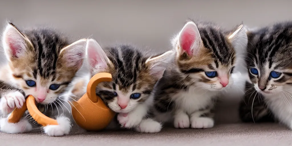 Prompt: a picture of two kittens playing tug o war over a toy mouse. one kitten had blue eyes while the other had brown ones. their fur looked soft and fluffy.