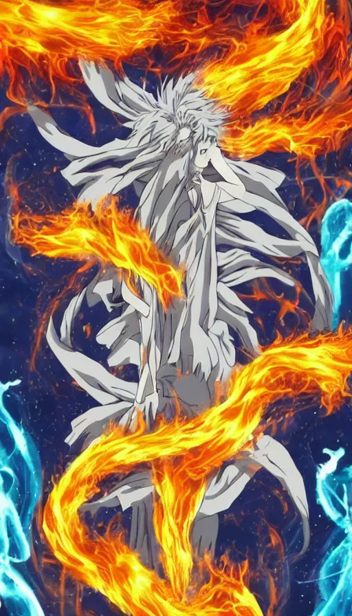 Image similar to a high quality anime still of fire and water mixing together, conveying a sense of balance inspired by the Temperance tarot card,