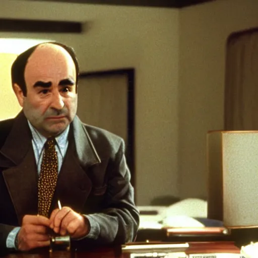 Image similar to Bob Hoskins as Eddie Valiant wearing a brown fadora and a brown pinstripe suit sitting at the desk of his detective's office, cinematic 35mm film still from 1987,