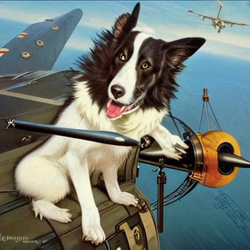 Prompt: furry anthropomorphic border collie aviator fursona posing in front of his propeller plane on an aircraft carrier. Renowned character illustration by greg rutkowski, thomas kindkade, alphonse mucha, loish, norman rockwell. Trending on furaffinity. Digital Art.
