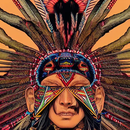 Prompt: portrait of crazy native american, symmetrical, cinematic colors, by yoichi hatakenaka, masamune shirow, josan gonzales and dan mumford, ayami kojima, takato yamamoto, barclay shaw, karol bak, yukito kishiro