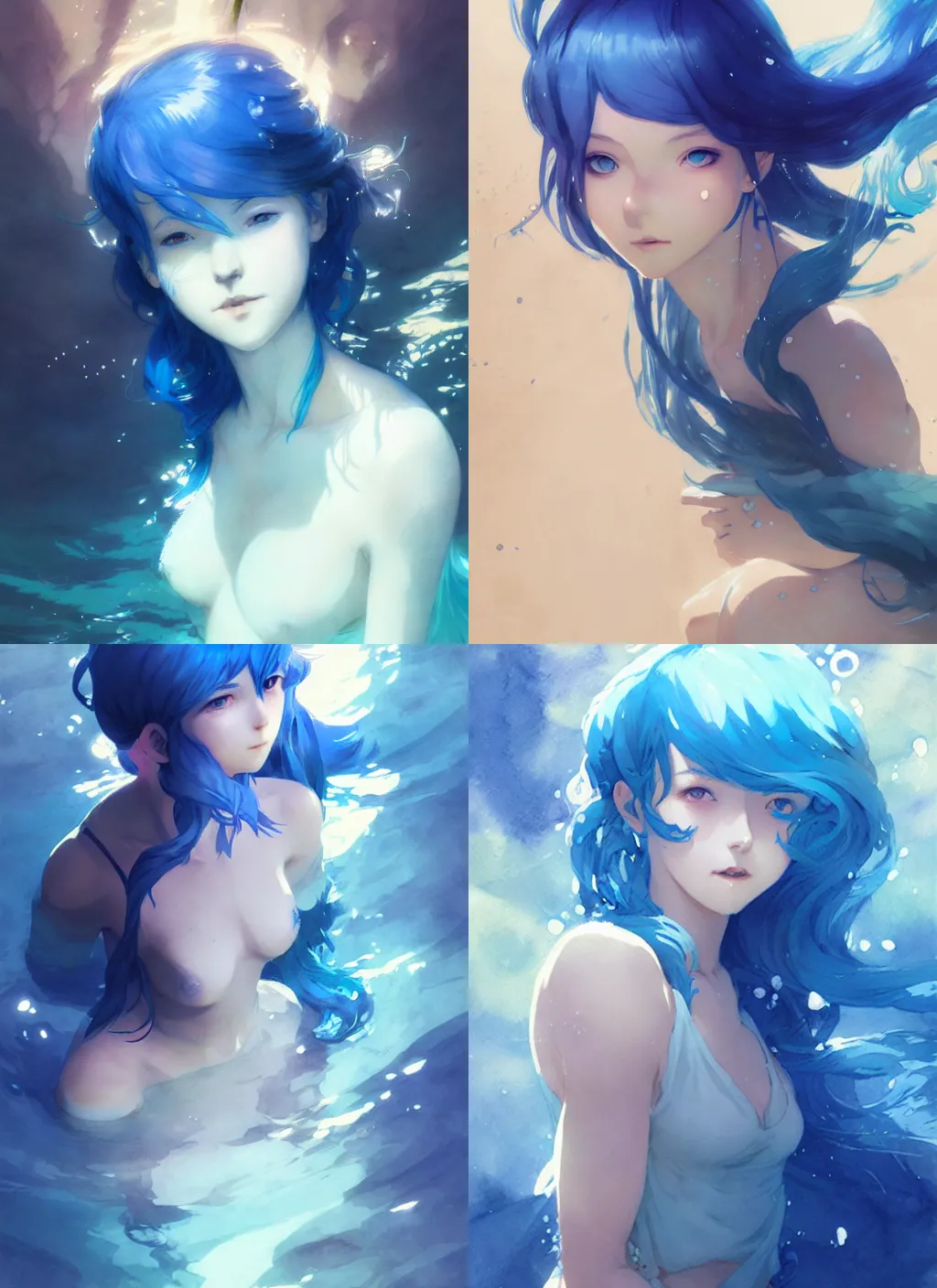 Prompt: portrait of a girl with blue hair swimming underwater, illustration, top lighting, perfect shadow, leaning towards watercolor, art by hidari and krenz cushart and wenjun lin