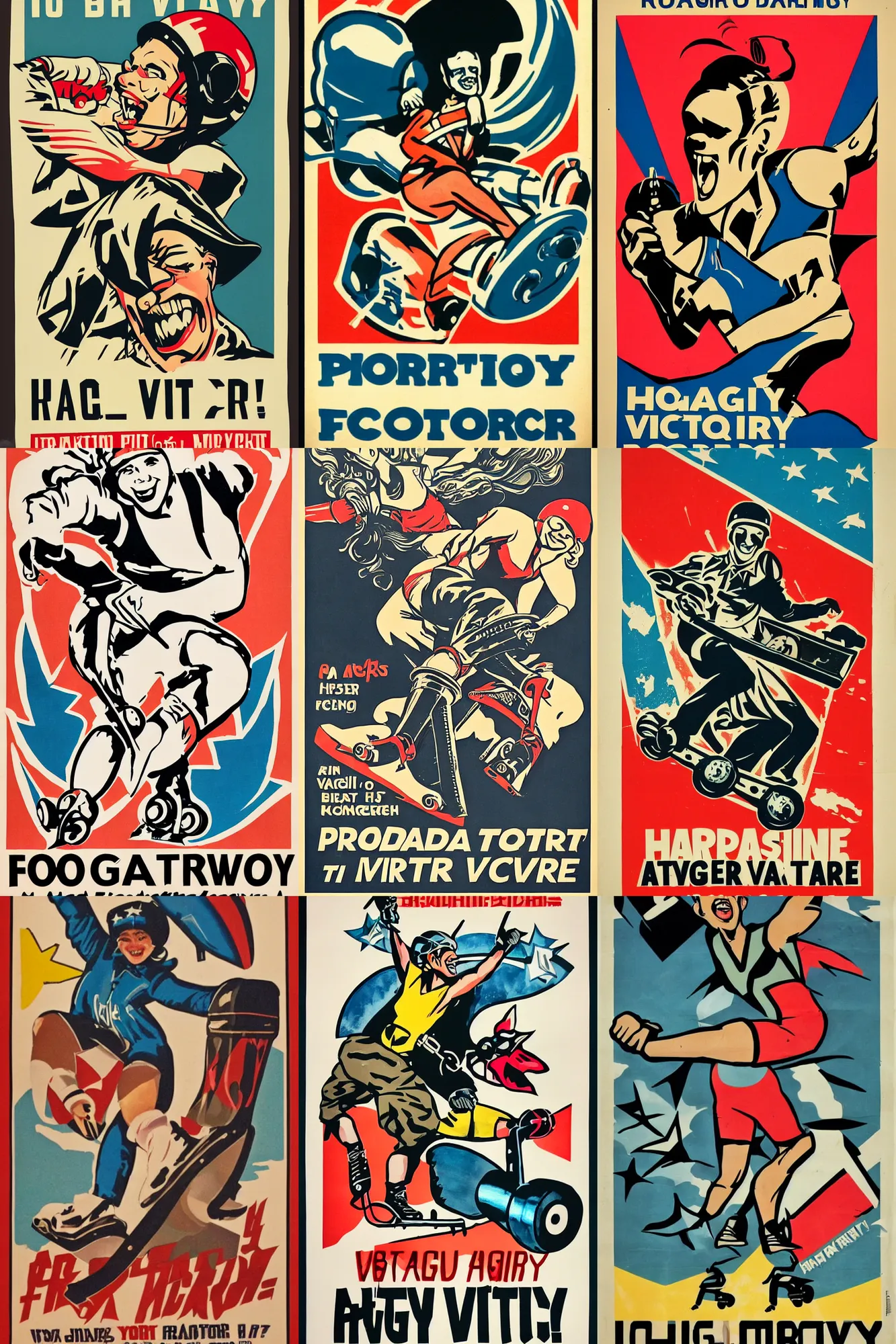 Prompt: propaganda poster roller skate for victory, roller derby helmet tattoos angry smile