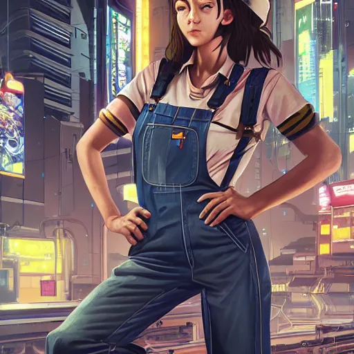 Image similar to Full body portrait of a mechanic in overalls repairing her mech, cyberpunk, illustration, detailed face, detailed background, Ilya Kuvshinov, Hayao Miyazaki, Takashi Takeuchi, Masamune Shirow