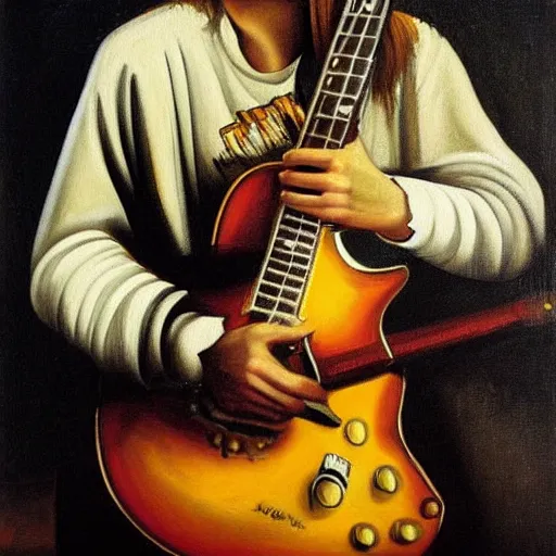Image similar to Kurt Cobain playing guitar, oil painting by by Caravaggio