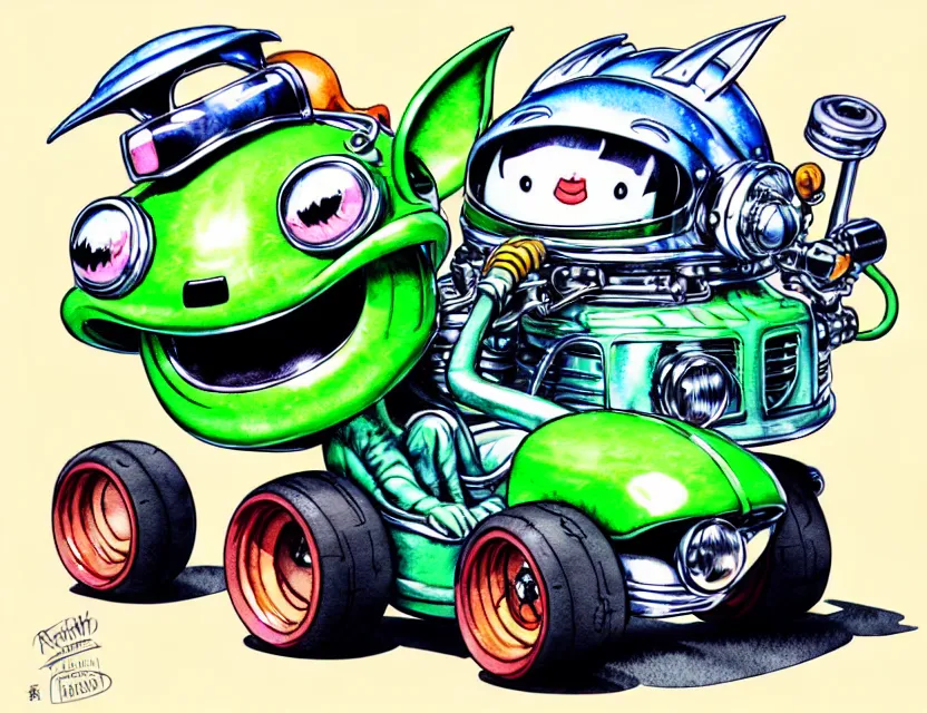 Image similar to cute and funny, gremlin wearing a helmet riding in a hot rod with oversize engine, ratfink style by ed roth, centered award winning watercolor pen illustration, isometric illustration by chihiro iwasaki, edited by range murata, tiny details by artgerm and watercolor girl, symmetrically isometrically centered