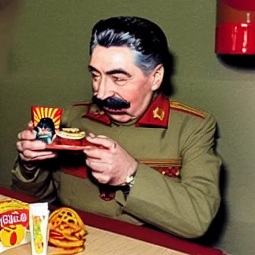 Image similar to joseph stalin enjoying a happy meal at mcdonald's