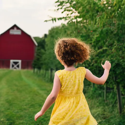 Image similar to A girl runs to the center of the frame in a yellow sundress, a red elastic band for her hair, a full-length profile, a night photo, a barn and bushes with trees in the background, realistic photo, 8k, 35 mm