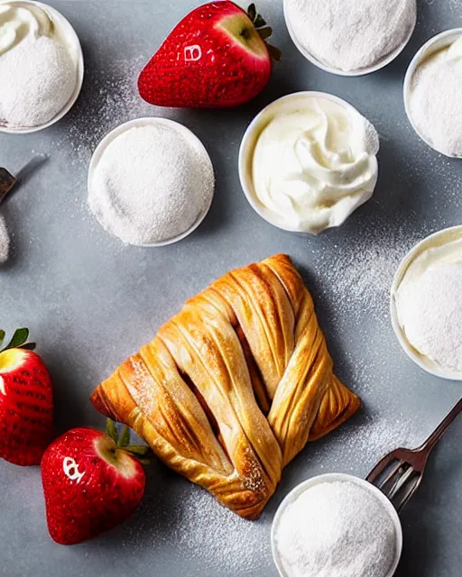 Prompt: apple turnover pastries, powdered sugar, strawberries, whipped cream, stylized art, sylvain sarrailh