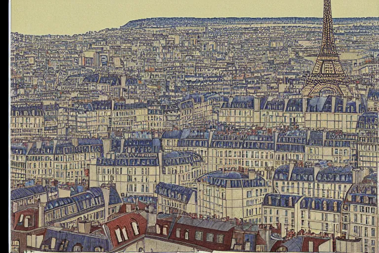 Image similar to paris scenery by hasui kawase, bottom view