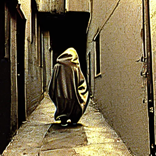 Prompt: vhs footage of a hooded creature in an alleyway approaching the camera