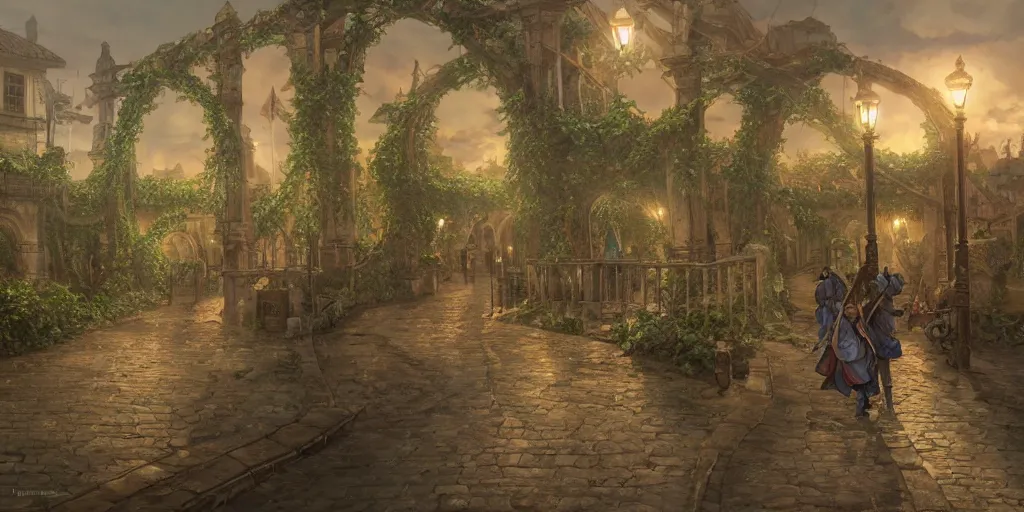 Prompt: empty medieval port town town square large bridge covered in vines with nightlamps steadily lighting your way pokemon sword and sheild, bright future, social realism, highly detailed, digital painting, artstation, concept art, matte, sharp focus, illustration, art by artgerm and greg rutkowski and alphonse mucha