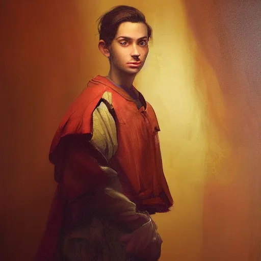 Image similar to a beautiful portrait of a young prince posing in an orange studio, realistic 4k UHD oil painting in the style of james gurney, greg rutkowski, and johannes vermeer