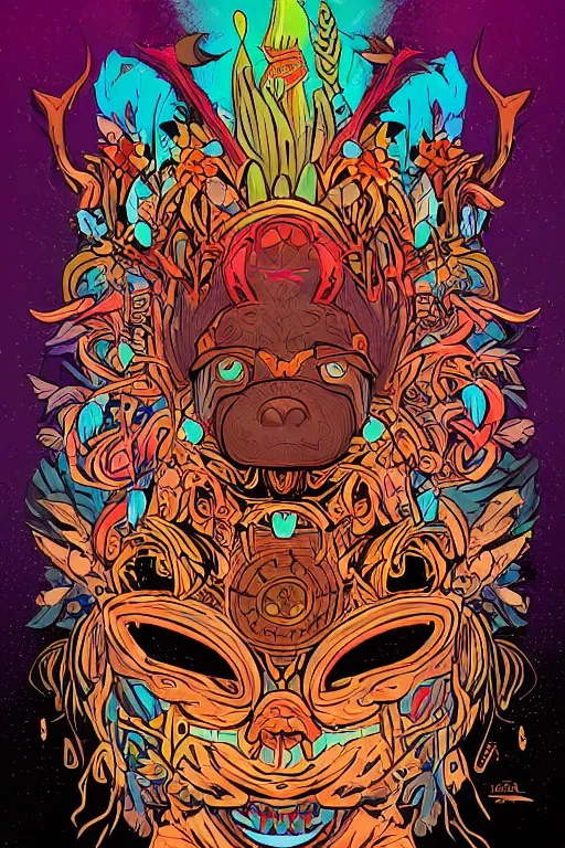 Image similar to animal mask totem roots flower tribal feather gemstone plant wood rock shaman vodoo video game vector cutout illustration vivid multicolor borderlands comics by josan gonzales and dan mumford radiating a glowing aura