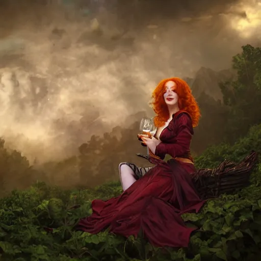 Image similar to a highly detailed matte painting of christina hendricks as an unbelievably powerful vampire witch, drinking wine, floating in the air doing blood magic, viewed in profile from far away, crackling green lightning, ultrawide lens, art by artgerm and greg rutkowski and alphonse mucha, volumetric lighting, octane render, 4 k resolution, trending on artstation, masterpiece