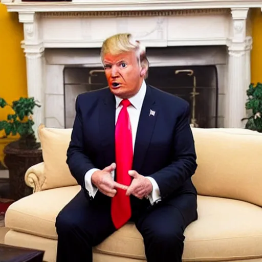 Image similar to Donald Trump sitting on the couch eating a pepperoni pizza