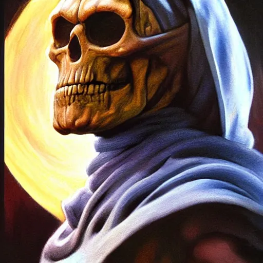 Image similar to ultra realistic portrait painting of skeletor as obi - wan kenobi, art by frank frazetta, 4 k, ultra realistic, highly detailed, epic lighting