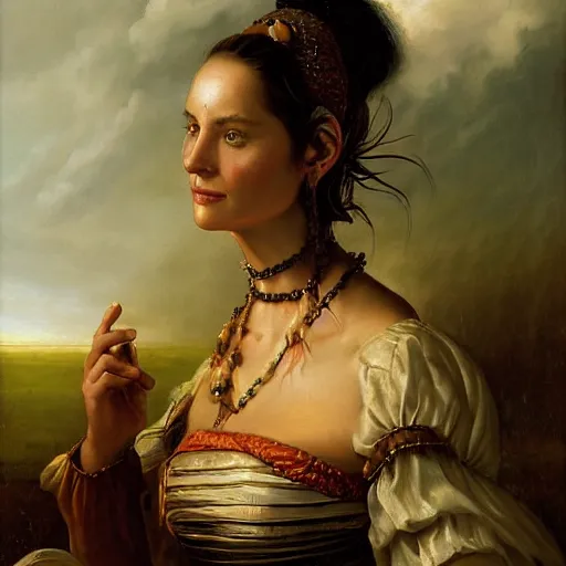 Prompt: portrait of a batavian woman ( 3 5 ) from dutch rhine delta ( that the romans called batavia ) in 2 5 0 a. d., an oil painting by ross tran and thomas kincade