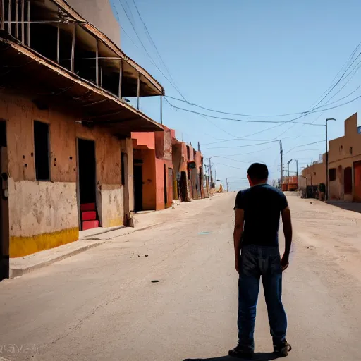 Prompt: a mech standing in the street of dusty Mexican town.